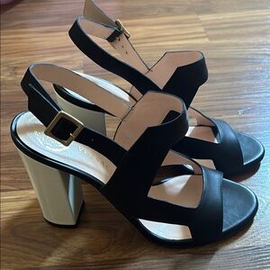 Versace Black and White Leather Slingback Heels with Chunky Block Heel